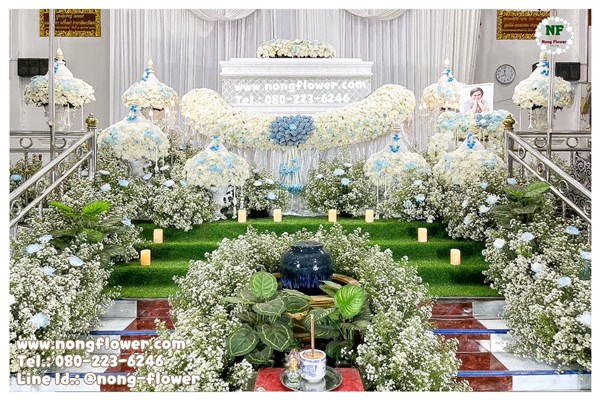 ดอกไม้งานศพสวยงาม จัดดอกไม้หน้าศพสวยหรู ดอกไม้จัดงานศพประดับพวงมาลัย ดอกไม้สวยหรูสไตล์พวงมาลัย พวงมาลัยประดับหน้าหีบศพ จัดงานศพ รูปแบบทันสมัยแบบที่ 18